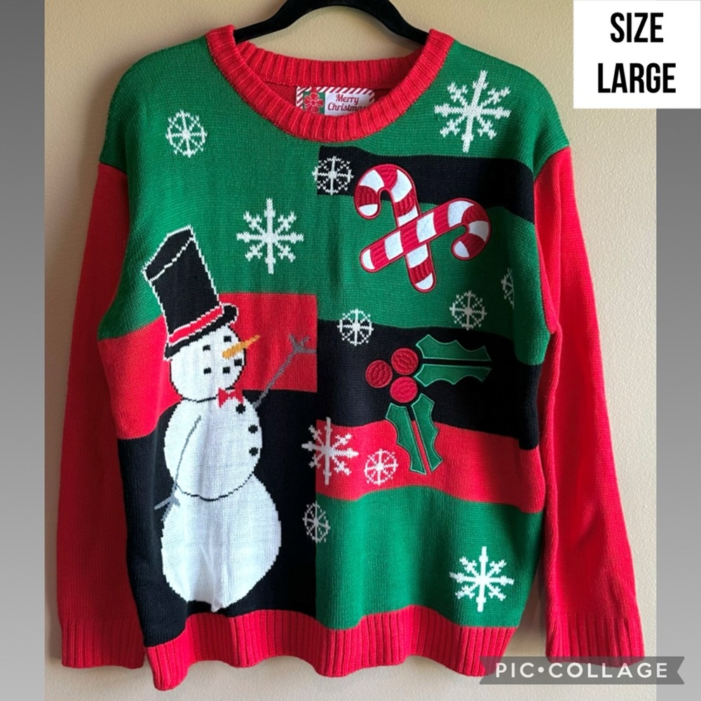 Bluestar Womens Sweater Ugly Christmas Snowman Candy Canes Holly Snowflakes L